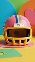 Adorable Kawaiistyle cartoon featuring a smiling American Football Helmet against a colorful backdrop photo