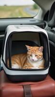 Cat comfortably traveling by car during a road trip photo