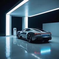 Modern sleek hydrogen fuel station features futuristic car being refueled showcasing a clean design with vibrant colors photo