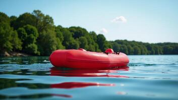 Red inflatable raft on water surface photo