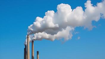 Smokestacks release pollutants against backdrop of clear skies showcasing industrial air pollution effects photo