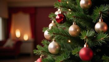 A festive Christmas tree adorned against a charming holiday backdrop ideal for a warm and inviting greeting card design photo