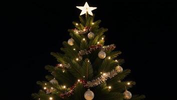 Twinkling Christmas tree with glowing star atop it photo