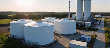 An industrial zone houses an innovative hydrogen power plant with tank storage for generating electricity from water in a factory area on a sunny summer day photo