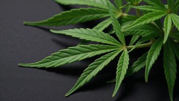 Closeup image Green medicinal Indica leaves with CBD against a modern black backdrop photo
