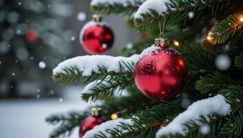 A vibrant snowy Colorado Spruce Christmas Tree decked out for winter festivities photo