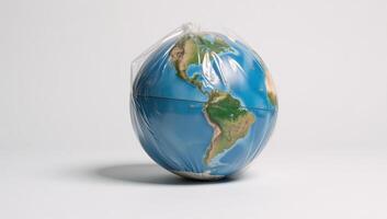 Global Warming Concept Earth Globe enclosed in a plastic bag to represent environmental degradation and highlight the importance of going plasticfree for a healthier planet on Earth Day photo
