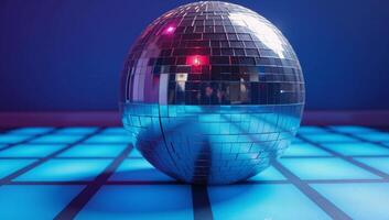 A glistening disco ball floats in the center of an illuminated tilefloored room photo