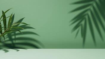 Abstract backdrop featuring shadows of palm leaves on an empty table for product display photo