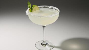 A photorealistic portrait featuring a luminous margarita with salt on its rim photo