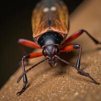A brownandred bug features a dark head and legs black photo
