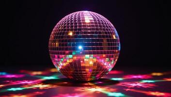 A spinning disco ball illuminated by shimmering disco lights photo