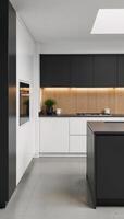 A sleek modern minimalist kitchen in shades of white and anthracite featuring wood backsplashes and a concrete floor photo