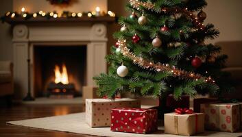 A charming scene featuring a decorated Christmas tree with gifts in a snug living space photo