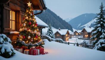 A snowy Christmas village scene complete with festively adorned tree candy canes and piles of presents photo