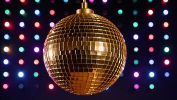 A sparkling golden disco ball captures light with its glistening surface photo