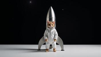 A feline astronaut rides his rocket ship amidst a starfilled night sky photo
