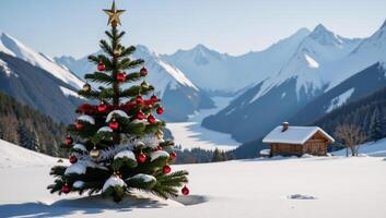 un vistoso festivo Navidad árbol soportes en medio de un Nevado montaña paisaje foto