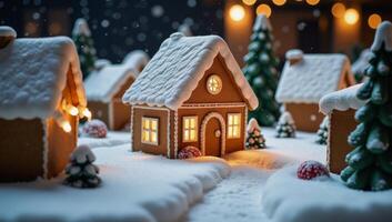 Enchanting gingerbread houses nestled amidst snowfall during the frosty night photo