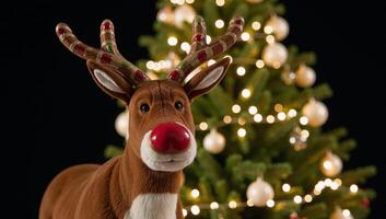 A festively adorned reindeer stands before a beautifully illuminated Christmas tree photo