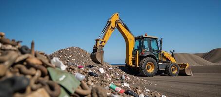 Backhoe excavating massive trash heap photo