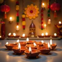 Celebrate Diwali with an image showcasing diyas and Indian decorations set against a backdrop of candles photo