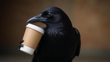 A majesticlooking black raven grips a closed cup of coffee latte photo