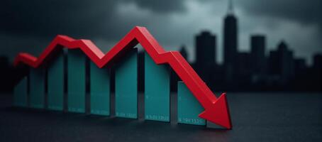 A downturning economy depicted by a declining stock chart and a dark cityscape symbolizing impending bankruptcy photo