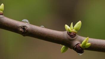 Branch with budding flowers and raindroplets on bark signifying springtime photo