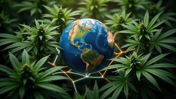 Globally interconnected cannabis plants glow within an earthly network photo