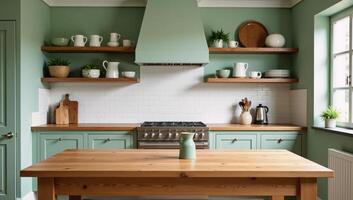 Rustic green kitchen with wood shelving and white tiles photo