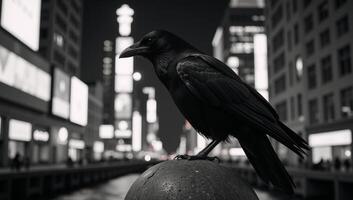 Black Raven sits on a stone amidst a backdrop of a night city photo