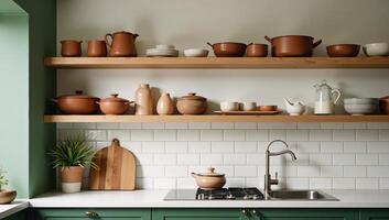 A rusticstyle kitchen featuring wooden shelves and white tiles is depicted within an inviting green space photo