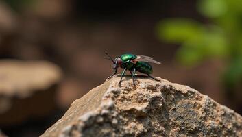 Exotic fly beetle sits atop a rock in a blurry natural setting Illustrated photo