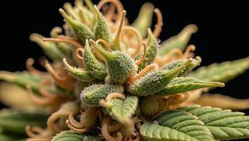 Closeup portrayal focusing on cannabis flowers trichome structures photo