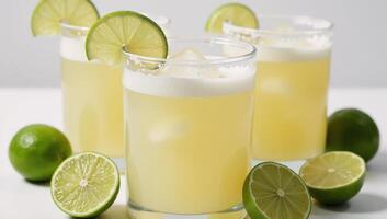 Three saltrimmed limegarnished margarita glasses arranged with scattered fresh limes photo