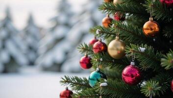 A Christmas tree adorned with ornaments amidst falling snowflakes against a wintery backdrop photo