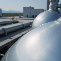 Closeup image showcasing an industrial H2 fuel tank and its accompanying hydrogen power plant as symbols of our journey towards achieving net zero emissions by 2050 photo