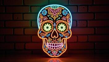 A glowing neon skull adorns a dark brick wall in representation of Mexicos Day of the Dead photo