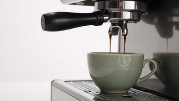 A coffee maker dispensing into an exquisite cup beneath it photo