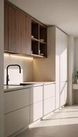 Modern Minimalist Kitchen Closeup shot of beige cabinets and walnut wood open shelves with LED lighting under natural light photo