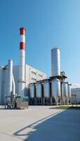 A sunlit ecofriendly manufacturing facility featuring hydrogen tanks and producing clean hydrogen fuel is depicted in an innovative modern industrial setting 3D Image photo