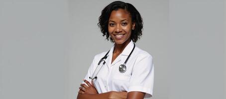 AfricanAmerican nurse professionally attired with stethoscope around neck photo