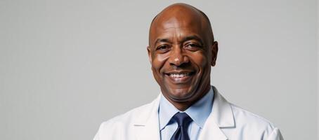 A smiling senior AfricanAmerican man is depicted as a doctor photo