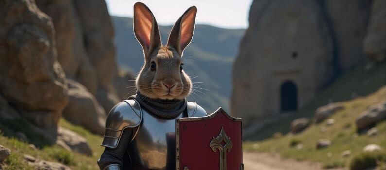 Knight Rabbit Armored rabbit warrior on a medieval battleground with sword and shield photo