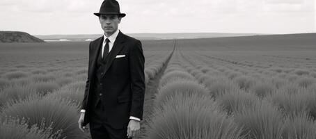 A retrostyled gentleman in suit and hat stands in a sprawling field photo