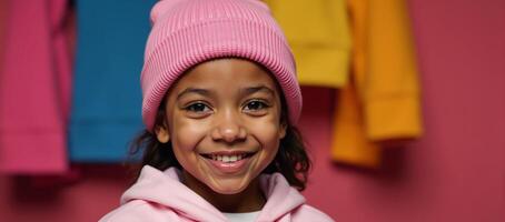 A technologically crafted image showcases an AfricanAmerican girl smiling joyfully while wearing a pink cap photo