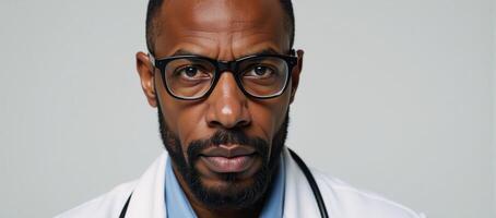 Photorealistic portrait featuring an African American male doctor in glasses photo