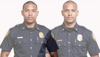 AfricanAmerican Policeman Isolated Against White Background Copy Space Available photo