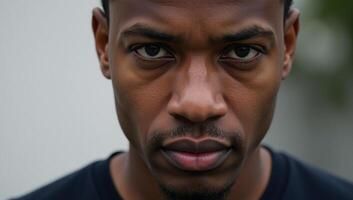 Closeup portrait of a melancholic African American male gazing directly into the camera photo